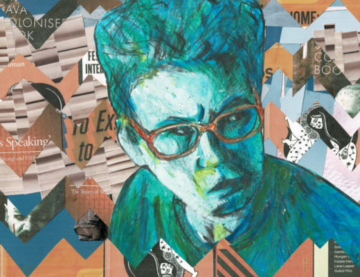 A coloured sketch by Lisa Maule of a person looking to one side, thinking pensively. They have short hair and glasses. In the background is a zigzag pattern collage made from books and magazines. Partial words say 'The Savage Coloniser', and 'Always Speaking'. Lana Lopesi and Guled Mire are two names in tiny text that can be made out.