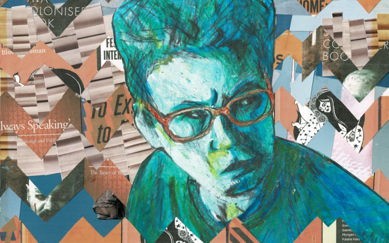 A coloured sketch by Lisa Maule of a person looking to one side, thinking pensively. They have short hair and glasses. In the background is a zigzag pattern collage made from books and magazines. Partial words say 'The Savage Coloniser', and 'Always Speaking'. Lana Lopesi and Guled Mire are two names in tiny text that can be made out.